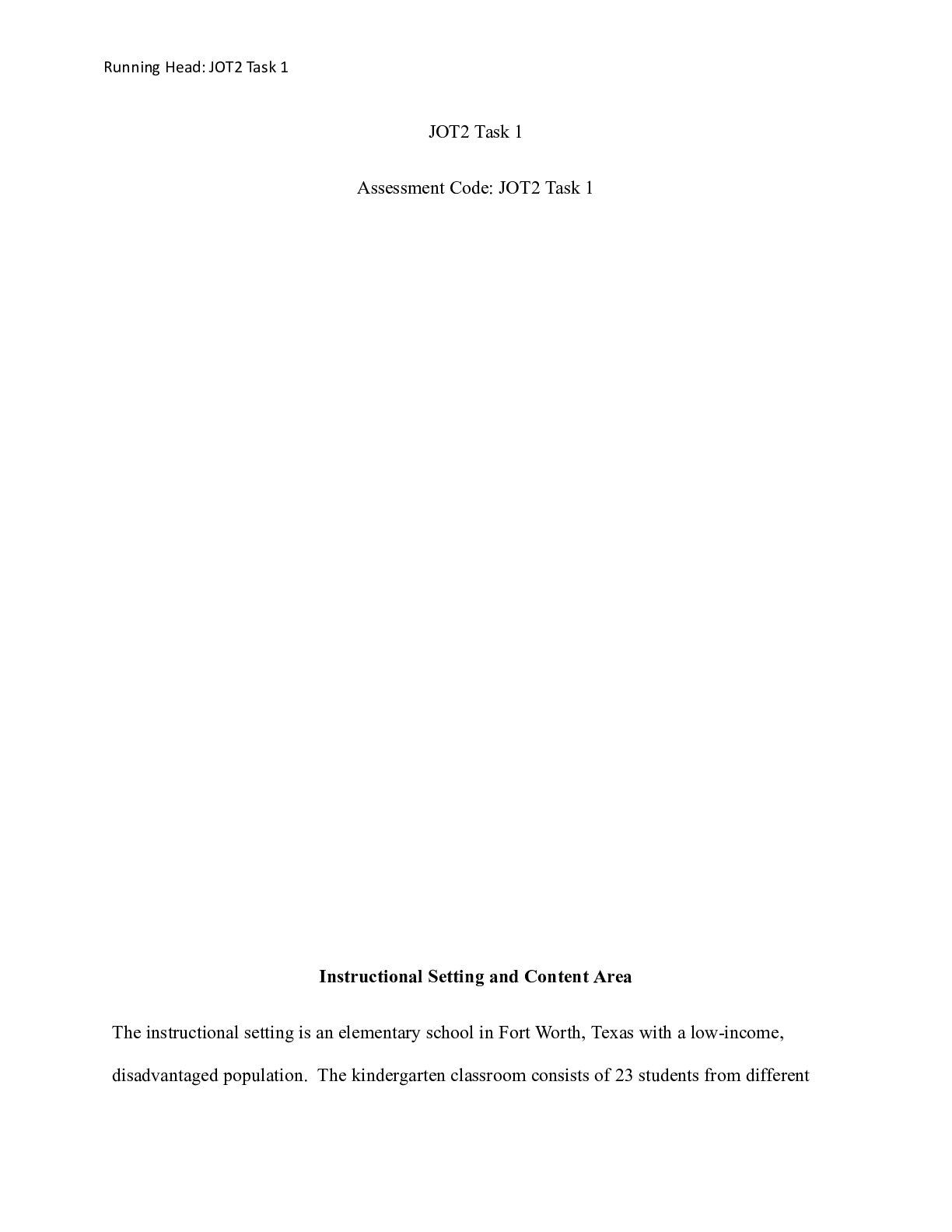 Preview image of JOT2 task 1.docx  JOT2 Task 1   Assessment Code: JOT2 Task 1  Instructional Setting and Co document